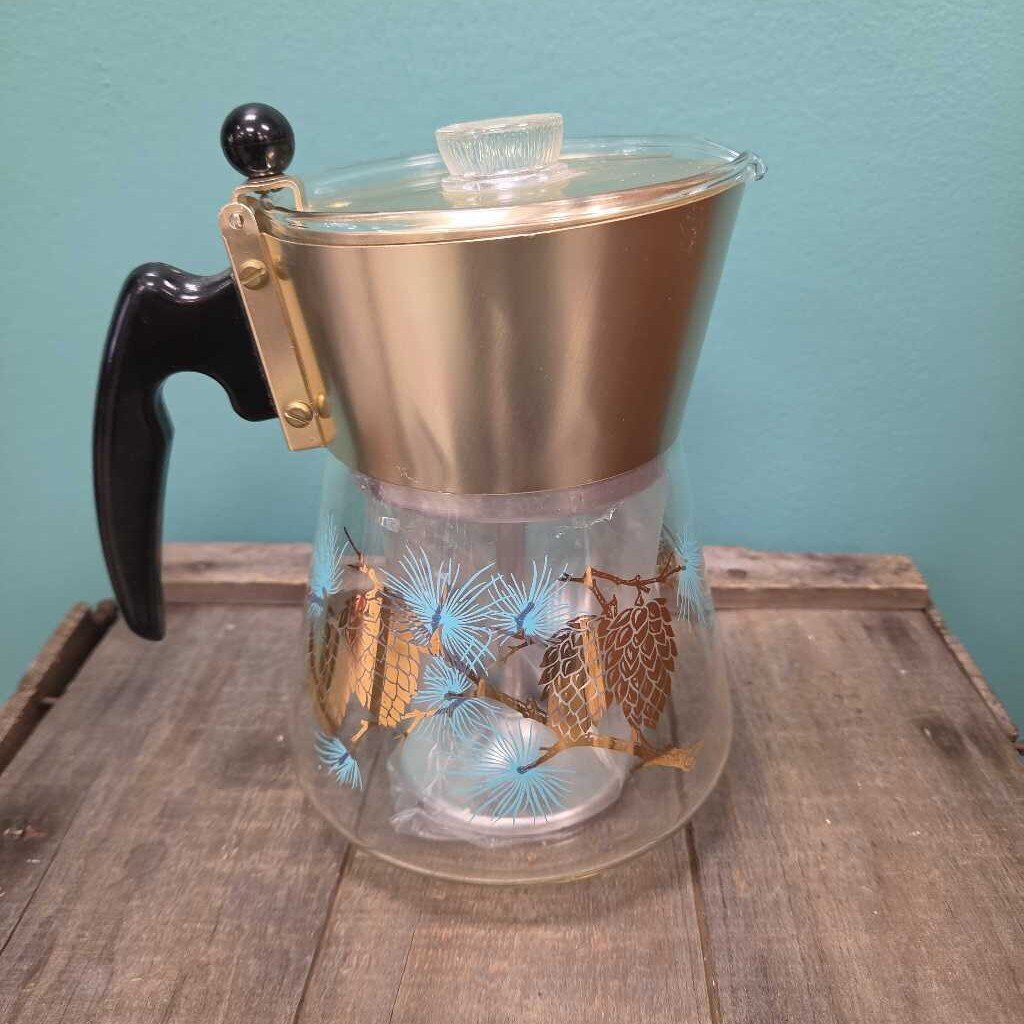 MCM Douglass Glass Coffee Percolator in Gold & Turquoise Pine Cone Motif - NEW