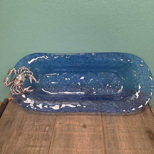 Blue Textured Glass Serving Platter with Metal Crab Decoration