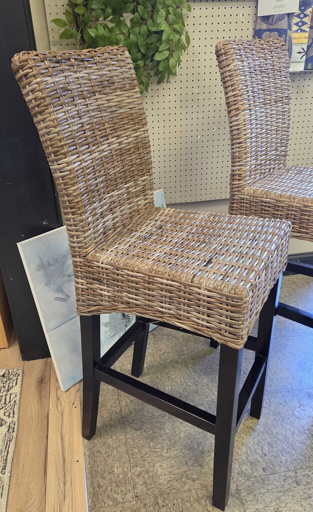 Pier 1 Imports Handwoven Rattan and Black Wood Counter Stool 30" (3 Available)
