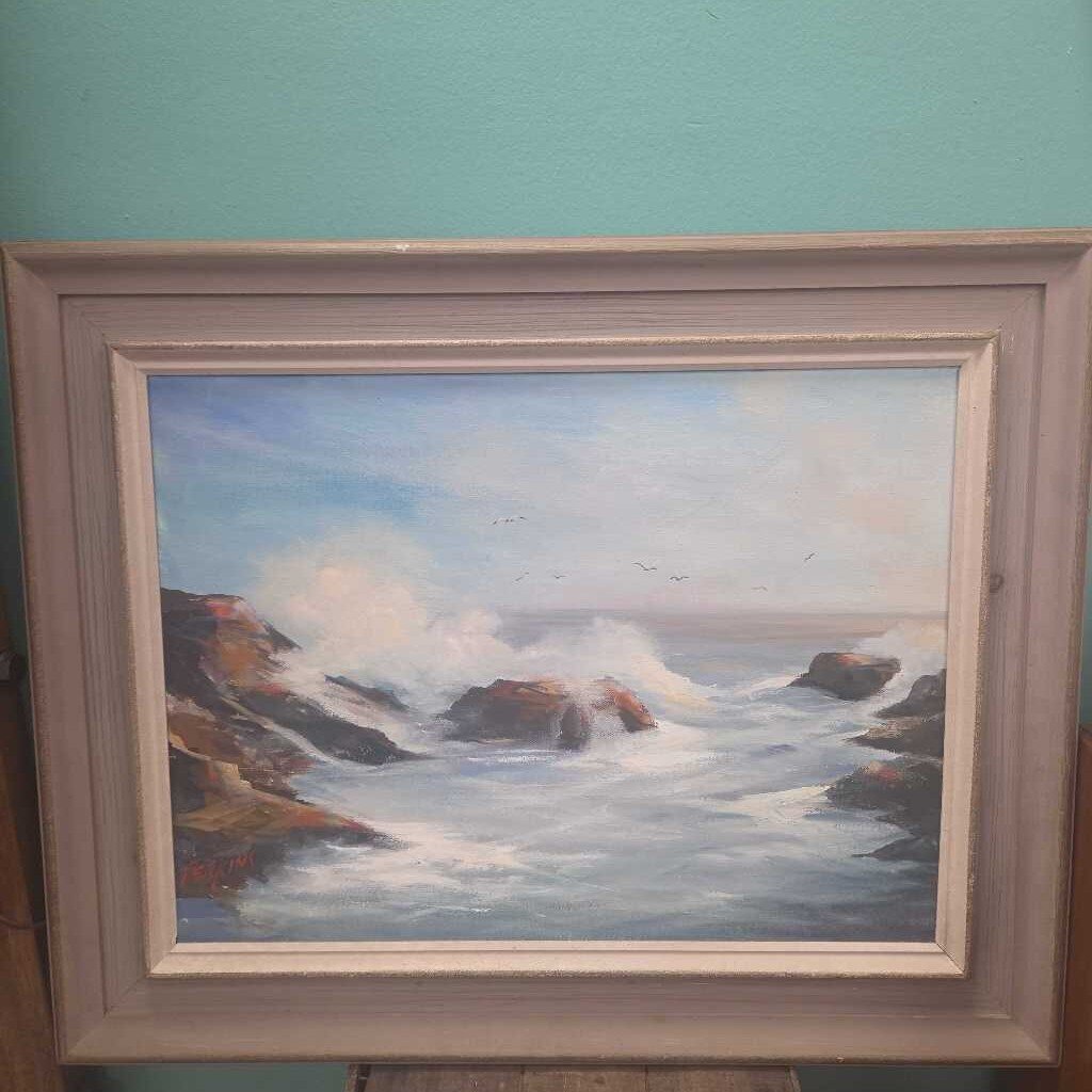 Original Oil on Canvas Seascape in Natural Wood Frame - Signed by "Perkins"