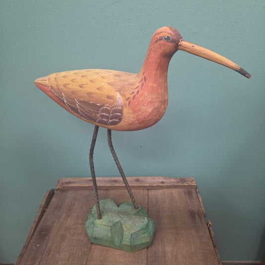 Hand Carved Wooden Shorebird on Base