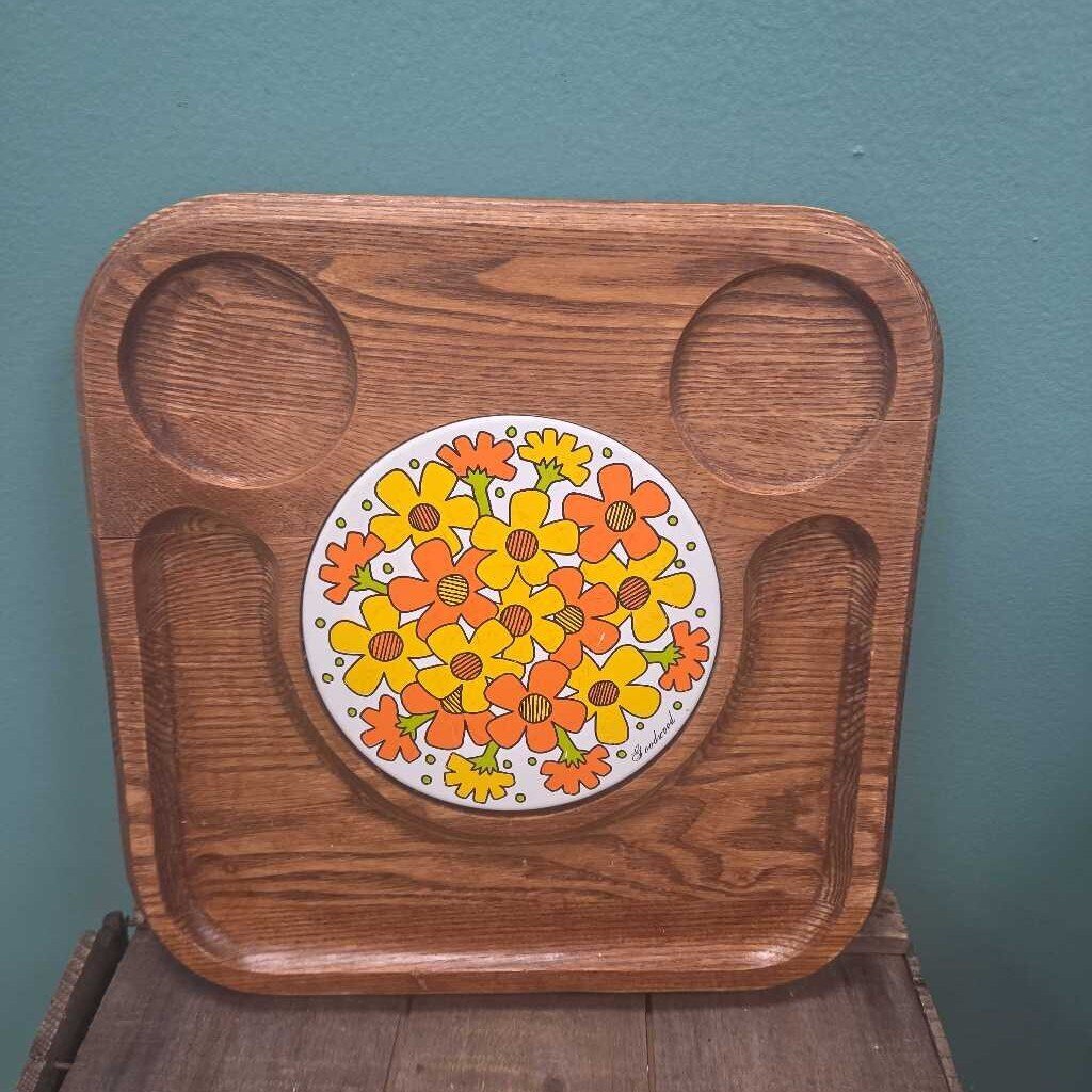 Mid-Century Goodwood Oak and Ceramic Tile Serving Platter