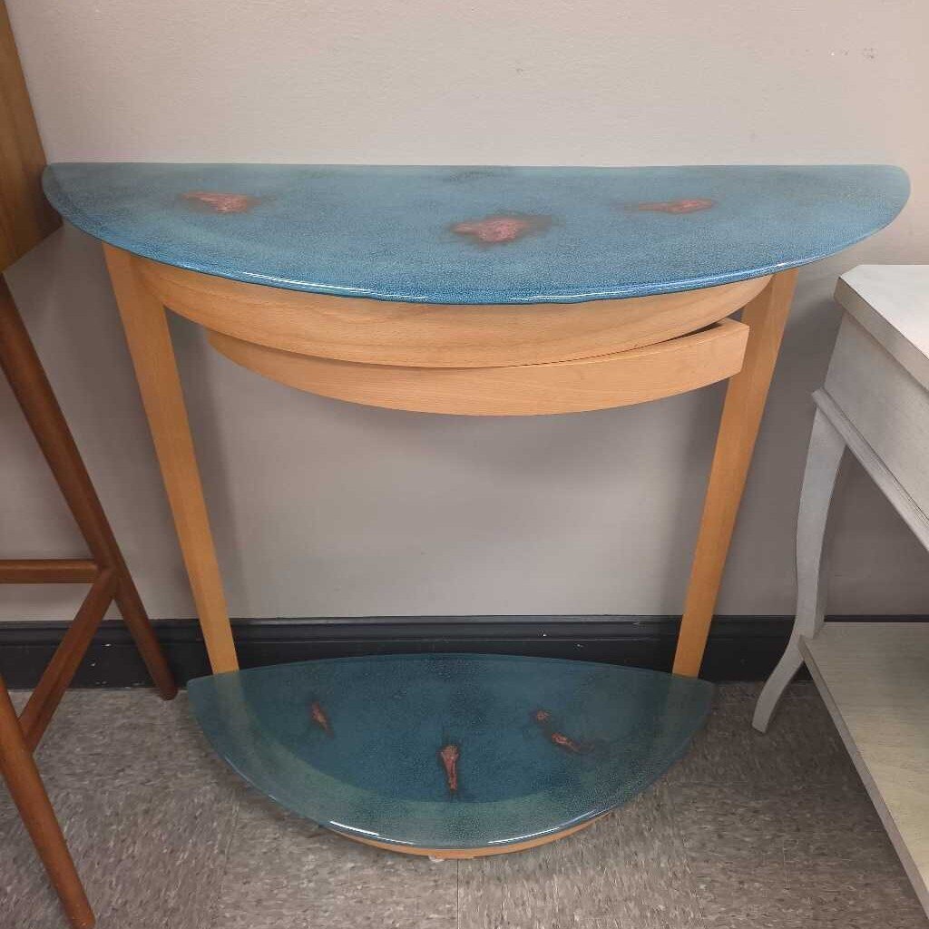 Seltz' Beech Entryway Console Table - Turquoise Art Glass w/Copper Infusions