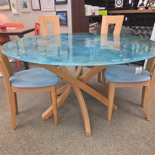 Setlz Antigua Beech Dining Table - Turquoise Glass w/Infused Copper Top (Includes 6 Chairs)
