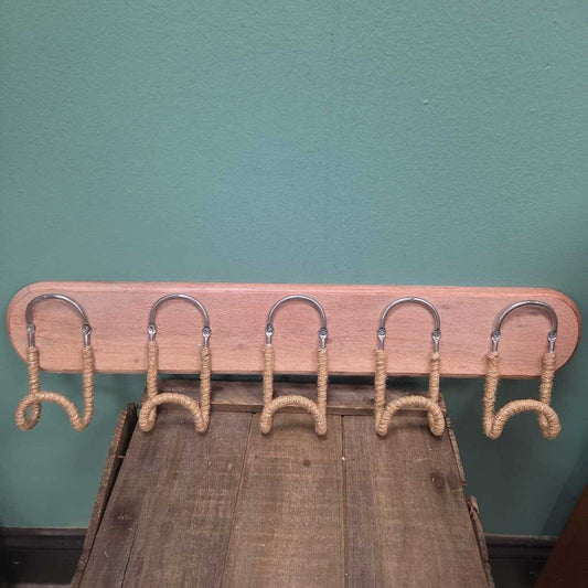 Wall Mounted Wooden Rack with 5 Rope Wrapped Hooks