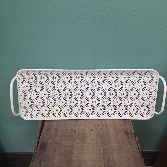 White Metal Decorative Tray with Laser Cut Pattern