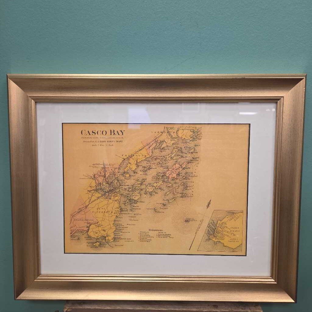 Facsimile Map "Casco Bay" 1885 - Custom Matted and Framed