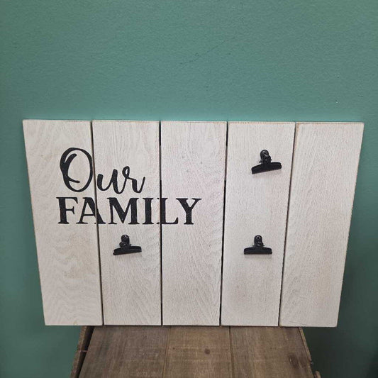 "Our Family" Wooden Photo Display Board with Metal Clips