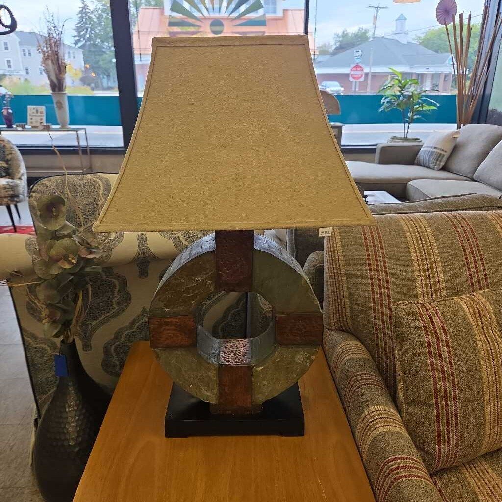 Uttermost Hand Carved Circular Slate Indoor/Outdoor Table Lamp with Suede Shade - 2 Available