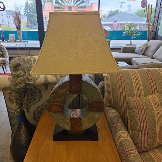 Uttermost Hand Carved Circular Slate Indoor/Outdoor Table Lamp with Suede Shade - 2 Available