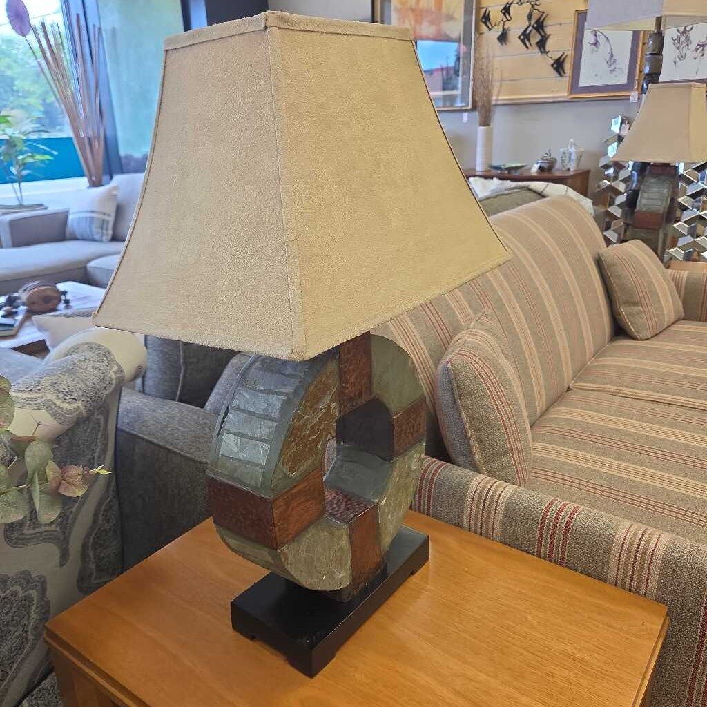 Uttermost Hand Carved Circular Slate Indoor/Outdoor Table Lamp with Suede Shade - 2 Available