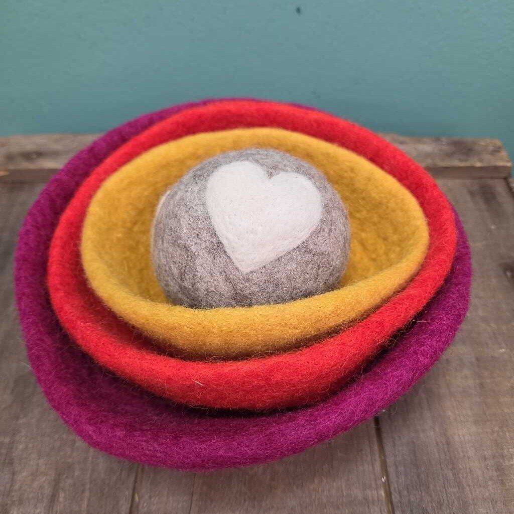 Set of Felt Nesting Bowls with Heart Accented Ball