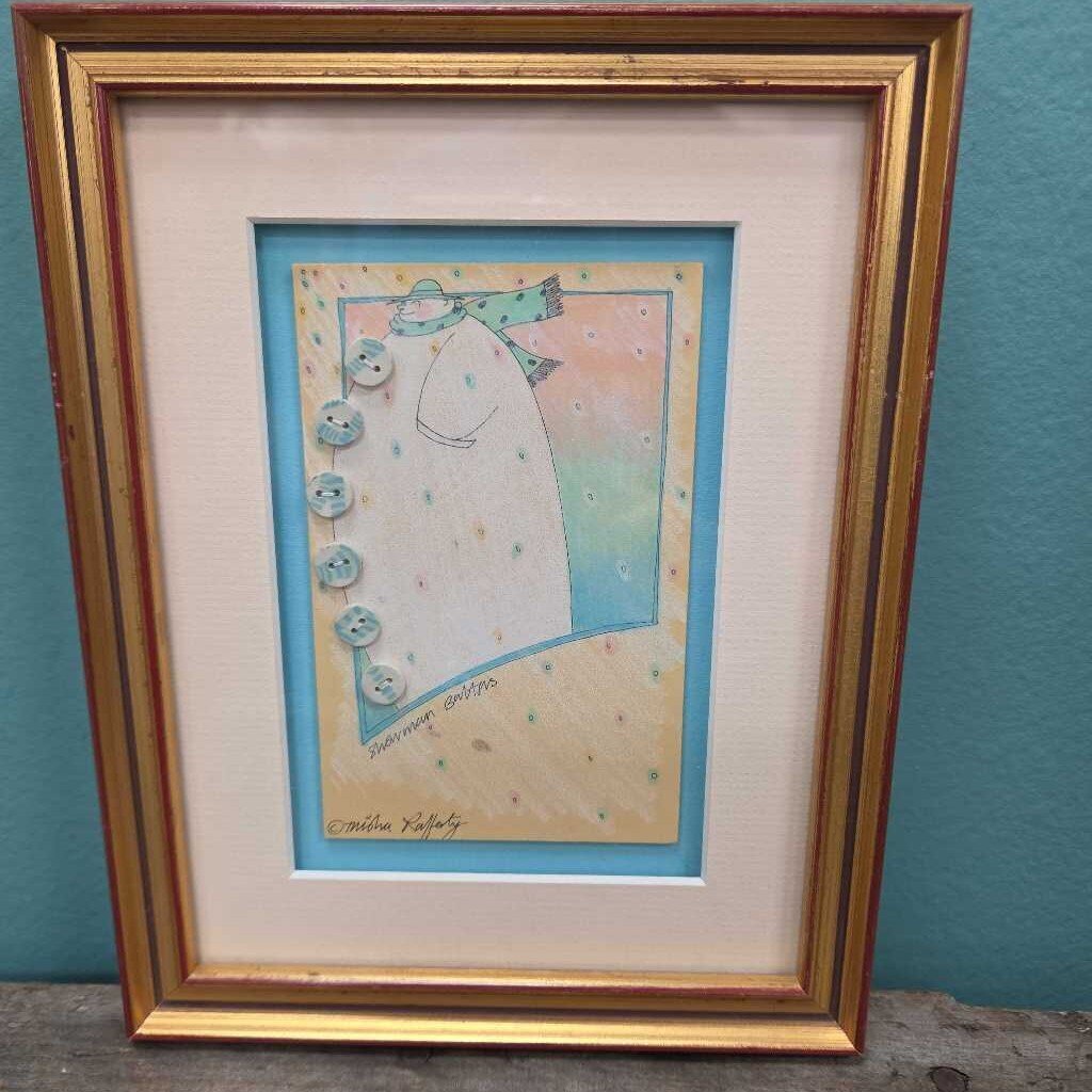 "Snowman Buttons" Mixed Media Framed by Misha Rafferty