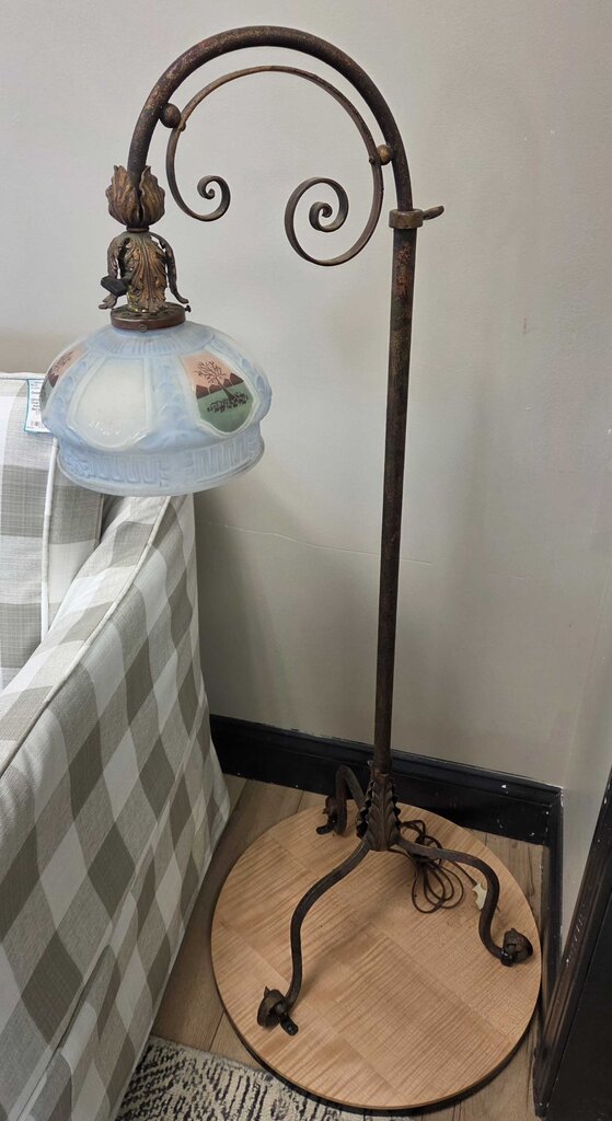 Vintage Wrought Iron Floor Lamp with Painted Milk Glass Shade on Tiger Maple Base