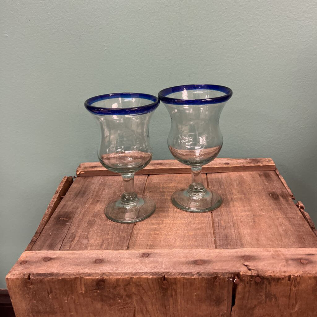 Hand Blown Wine Goblet Set (2) w/ Blue Rim
