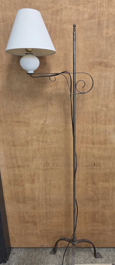 Vintage Wrought Iron Floor Lamp with Milk Glass Hobnail Accent Globe and Fabric Shade