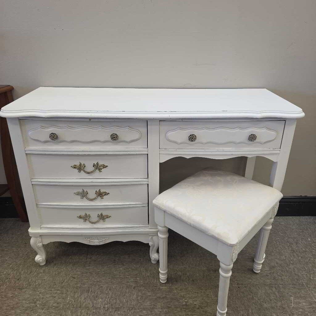 French Provincial Style Solid Wood Vanity with Matching Upholstered Stool