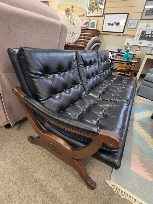 1950s Stansbery Tufted Leather Sofa with Walnut Base