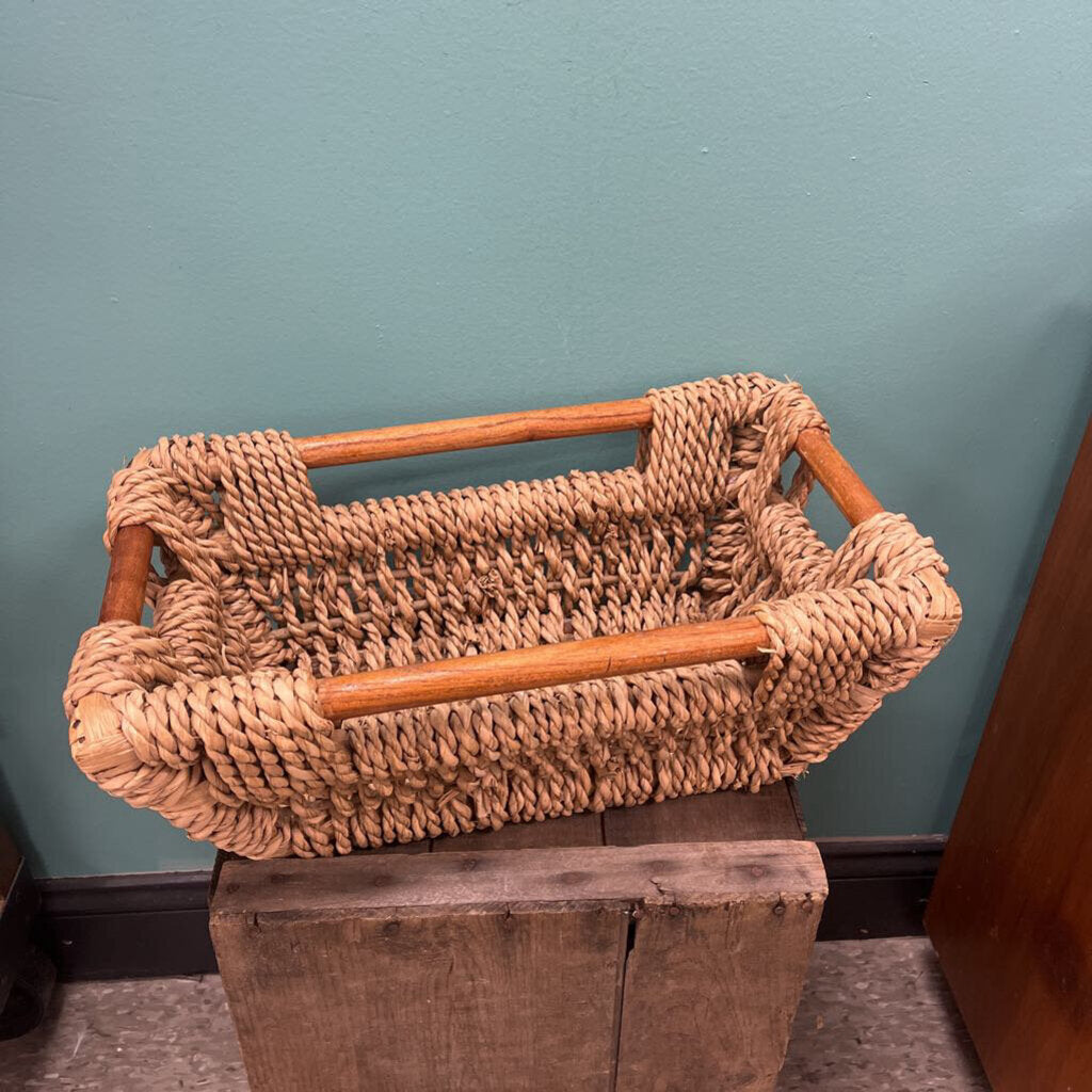 Hand Woven Wicker and Wood Basket