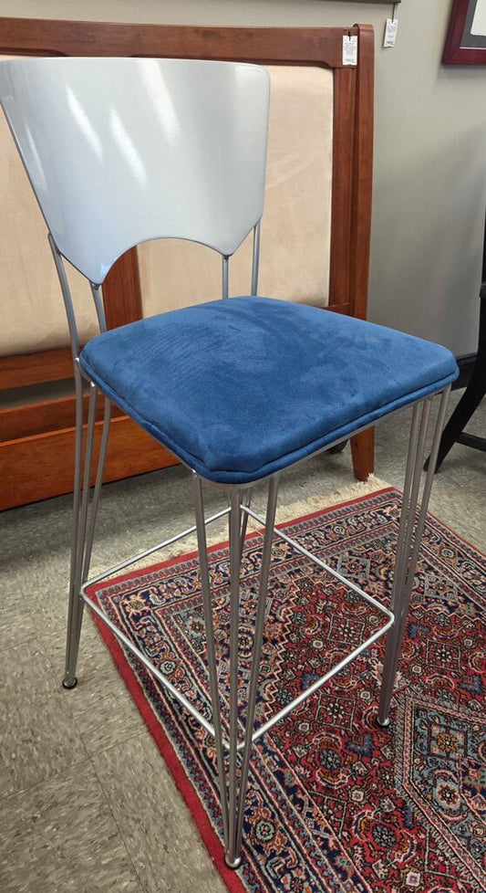 29" Metal Bar Stool with Blue Suede Cushioned Seat