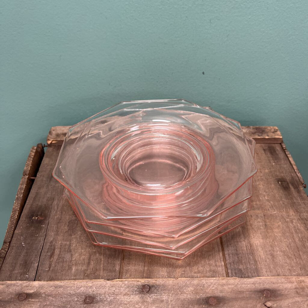 Vintage Hexagon Pink Glass Luncheon Plate Set (5)