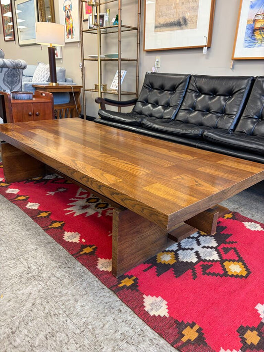 Lane Furniture MCM Brutalist Oak Coffee Table with Black Slab Legs
