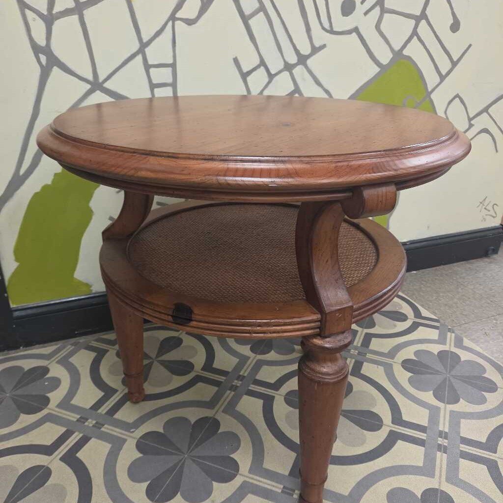 Vintage Round Wooden Side Table with Lower Cane Shelf