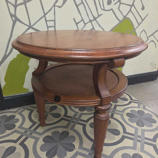 Vintage Round Wooden Side Table with Lower Cane Shelf