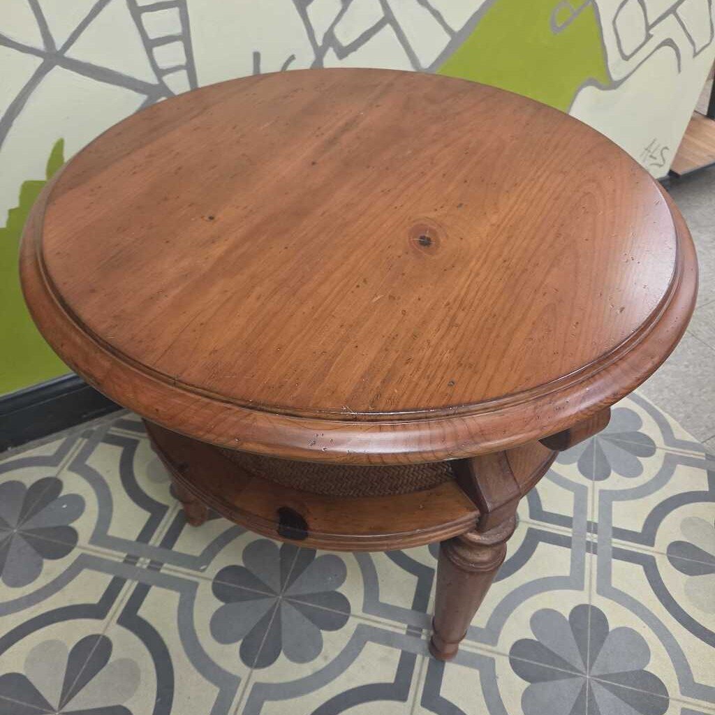 Vintage Round Wooden Side Table with Lower Cane Shelf