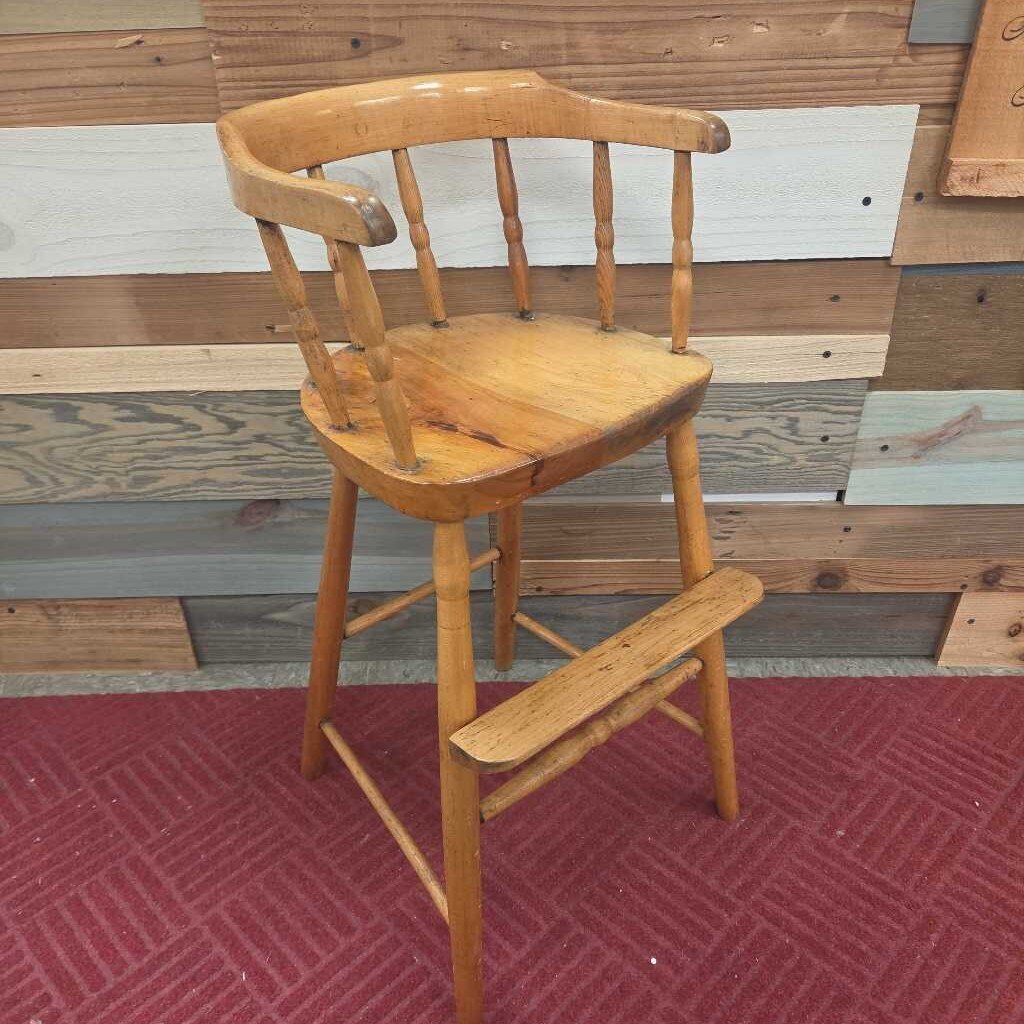 Vintage Solid Wood Child's High Chair with Curved Spindle Back