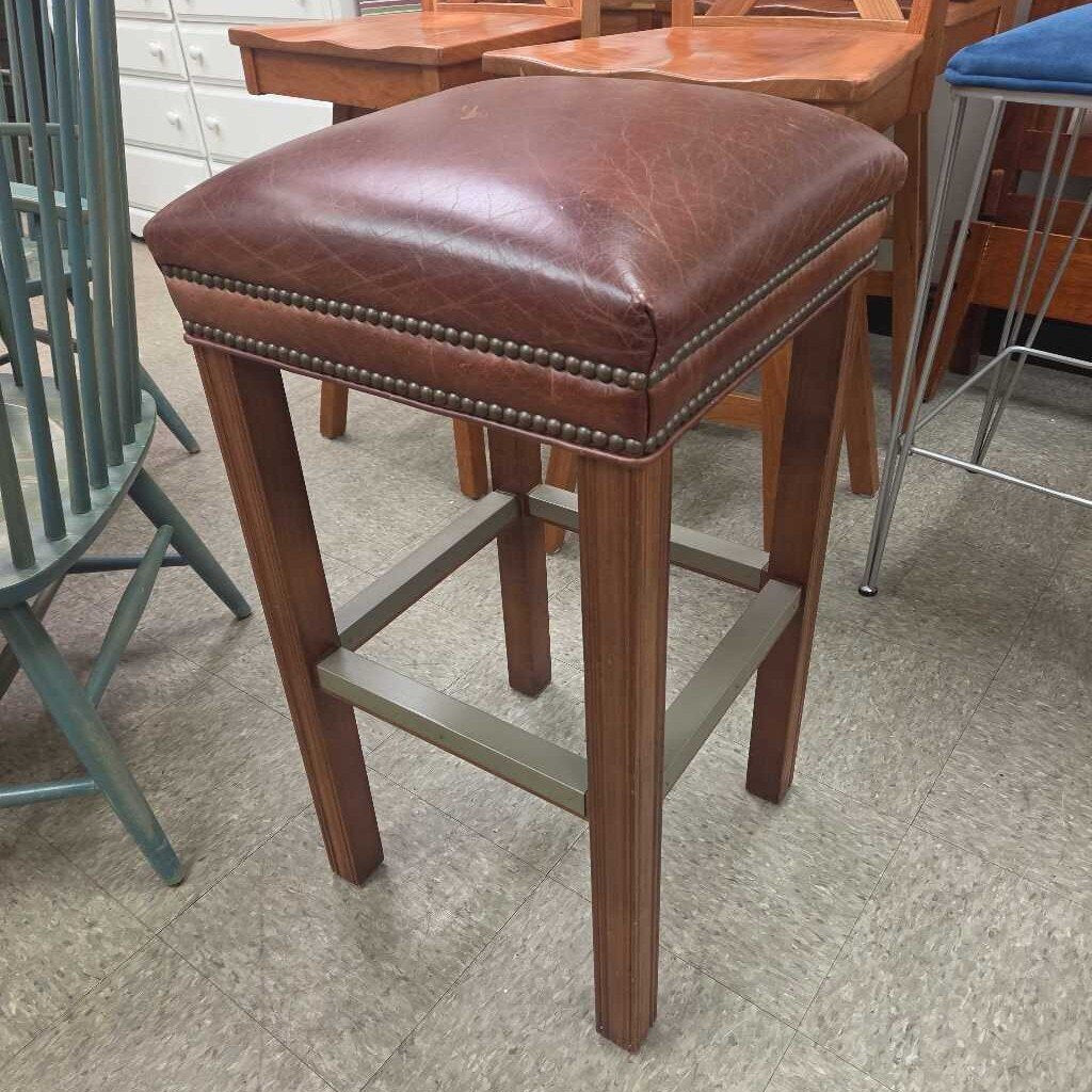 31" Leather and Walnut Counter Stool with Nailhead Trim - 2 Available
