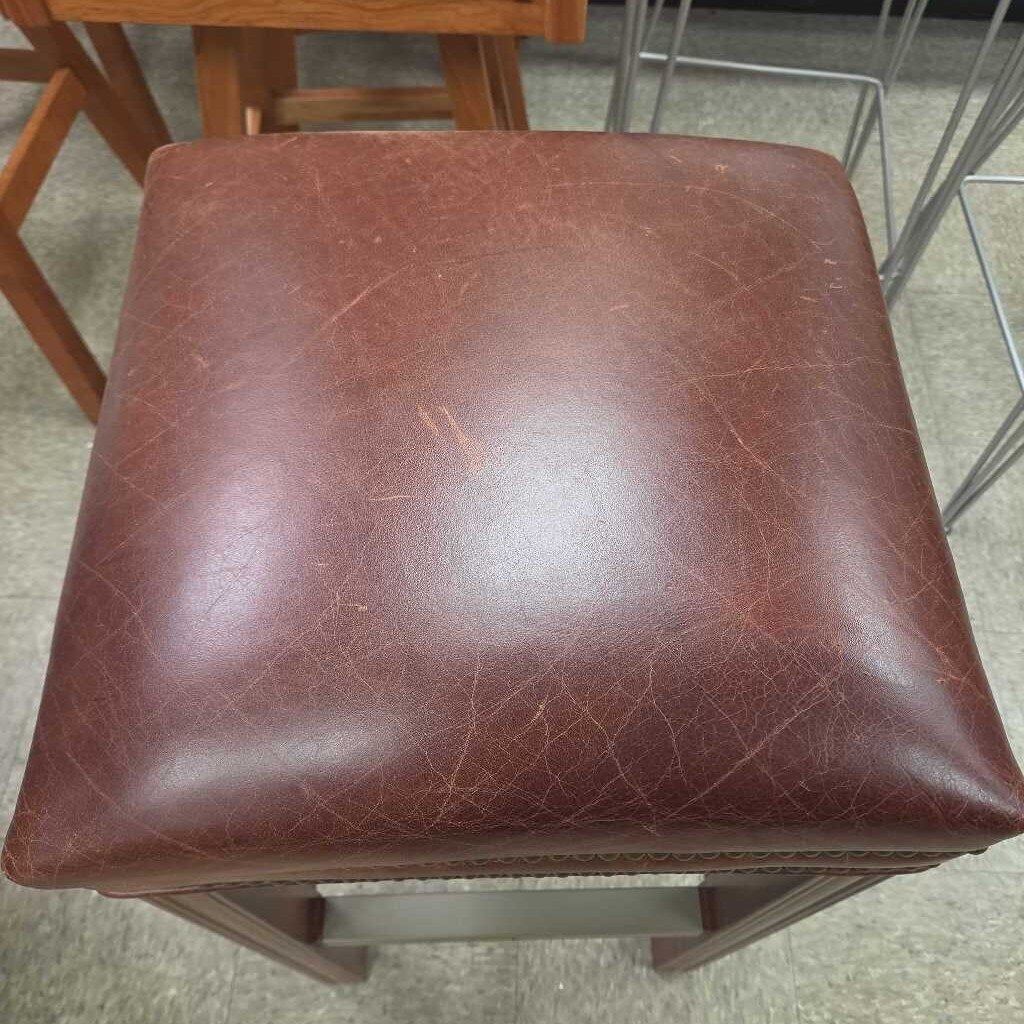31" Leather and Walnut Counter Stool with Nailhead Trim - 2 Available