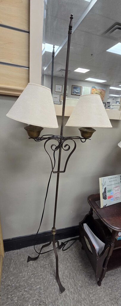 Vintage Wrought Iron Double Arm Floor Lamp with Paper Shades