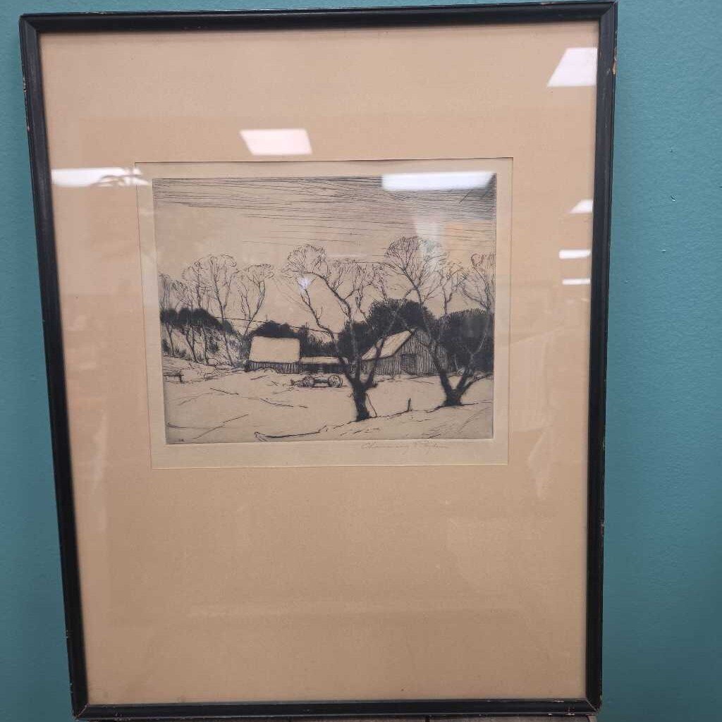 "Farmyard in Winter" Original Etching on Paper by Chauncey Ryder (Signed)