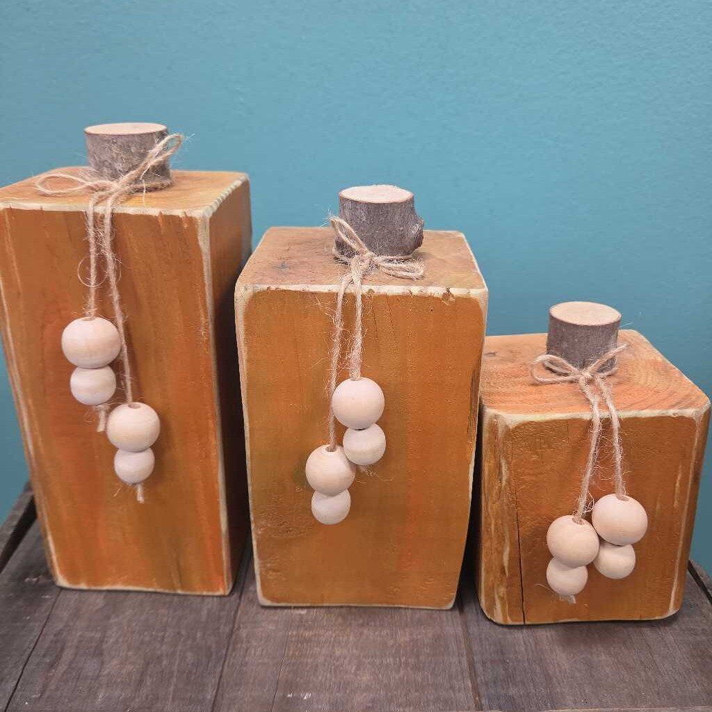 Rustic Wooden Decorative Pumpkins w/Beads - Set of 3