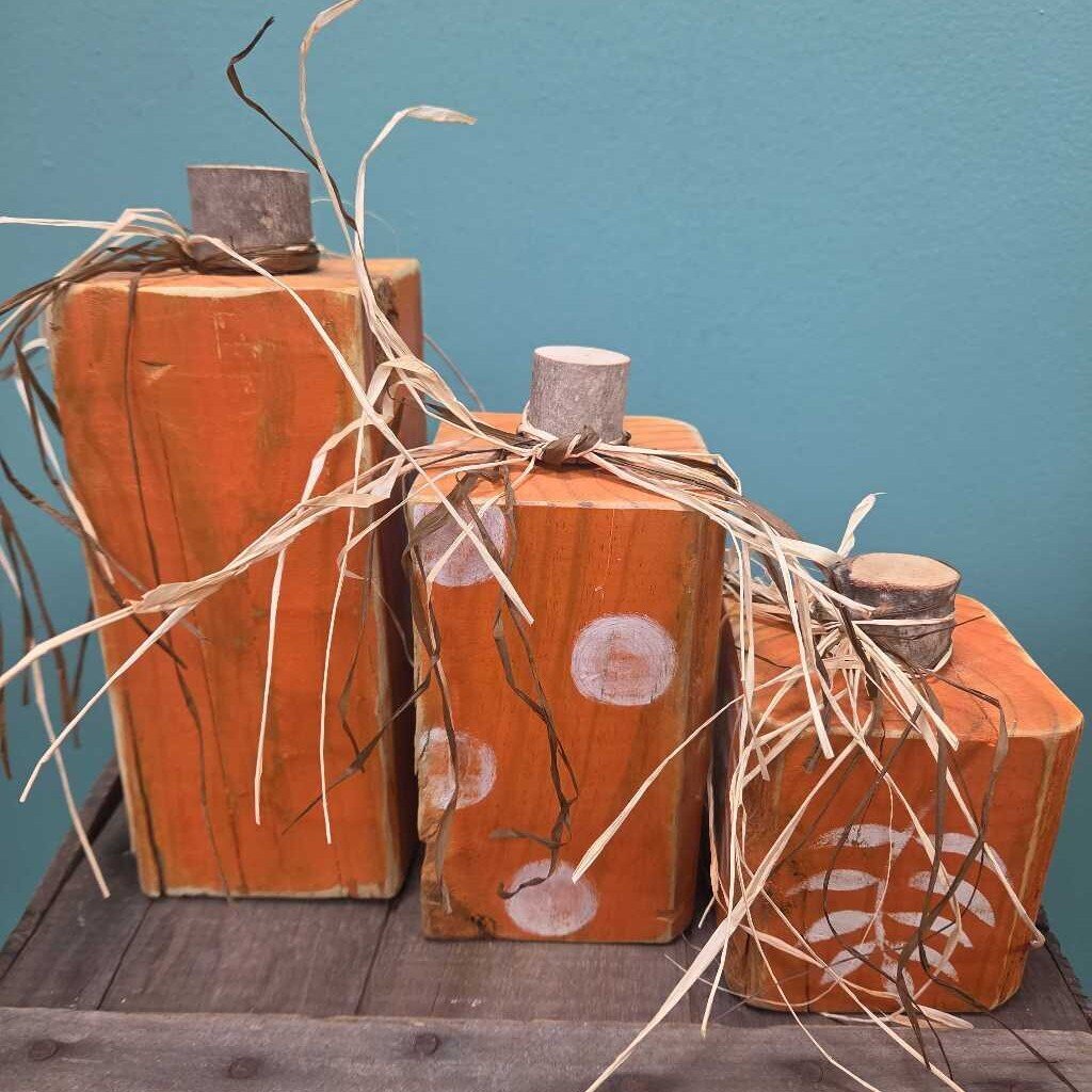 Rustic Wooden Decorative Pumpkins w/Polka Dots & Leaves - Set of 3
