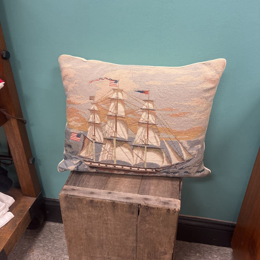 Ship at Full Mast Needlepoint Throw Pillow