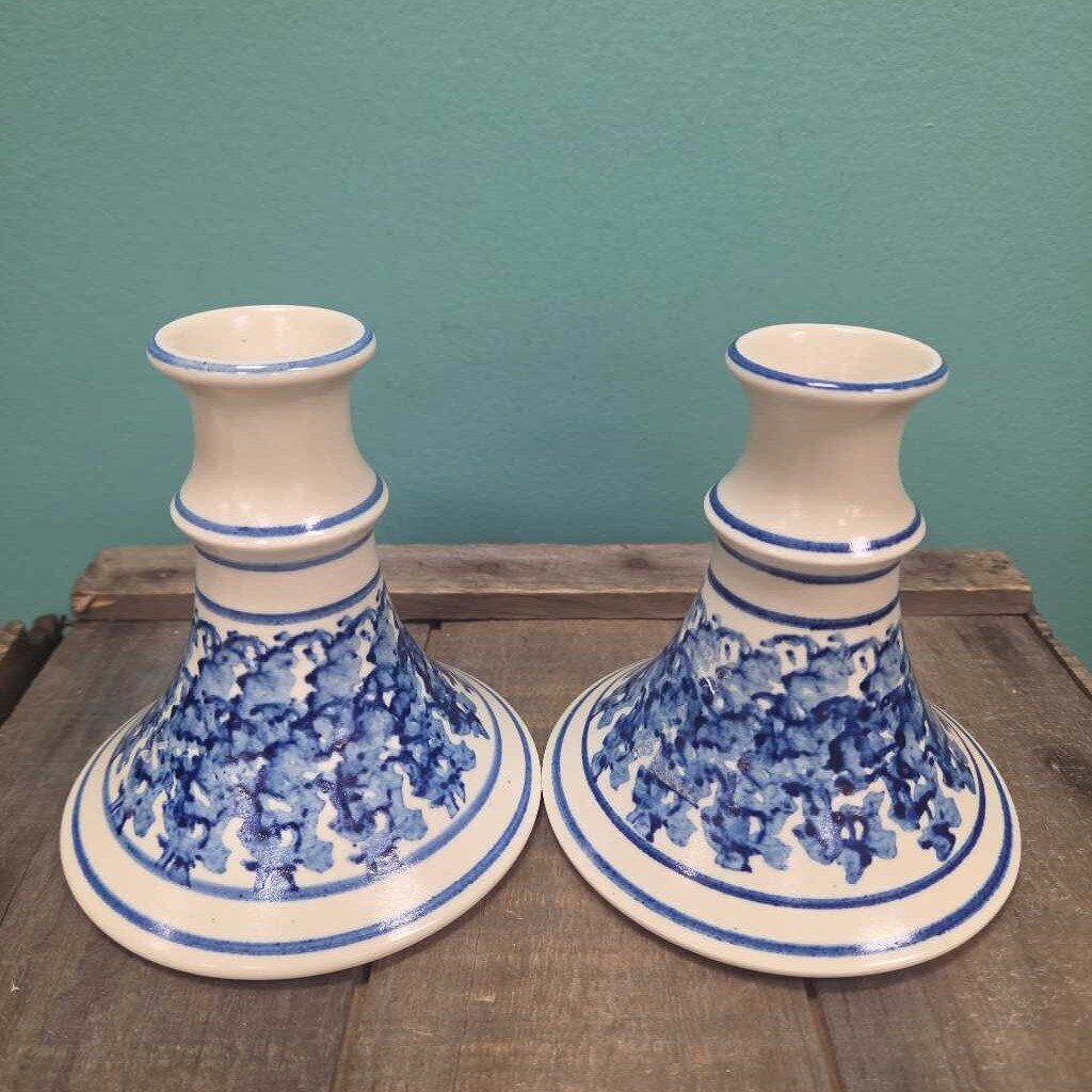 Hand Painted 5" Blue and White Ceramic Candlestick - Set of 2