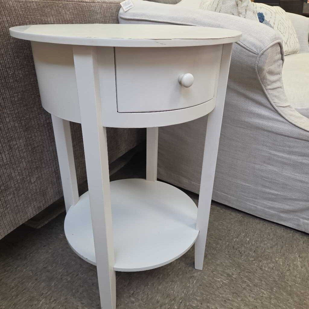 Round White Single-Drawer Accent Table w/Lower Shelf