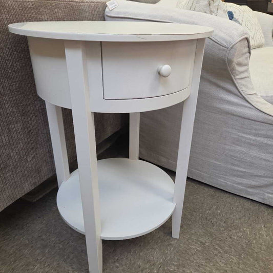 Round White Single-Drawer Accent Table w/Lower Shelf