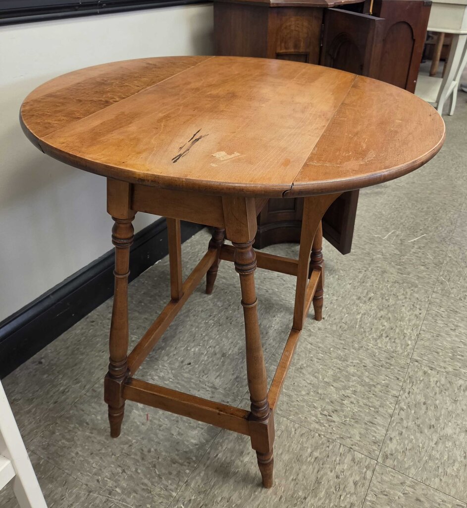 Vintage Round Maple Drop Leaf Table with Turned Legs