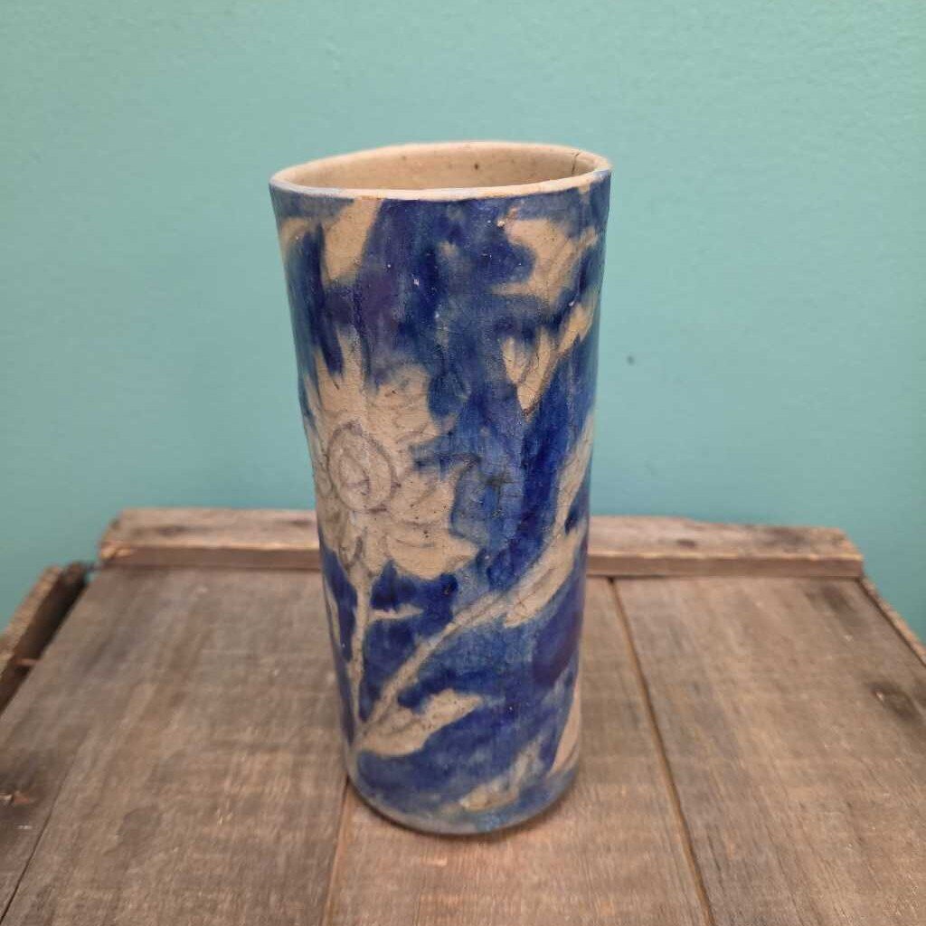 Hand Made Glazed Ceramic Cylindrical Vase with Floral Design