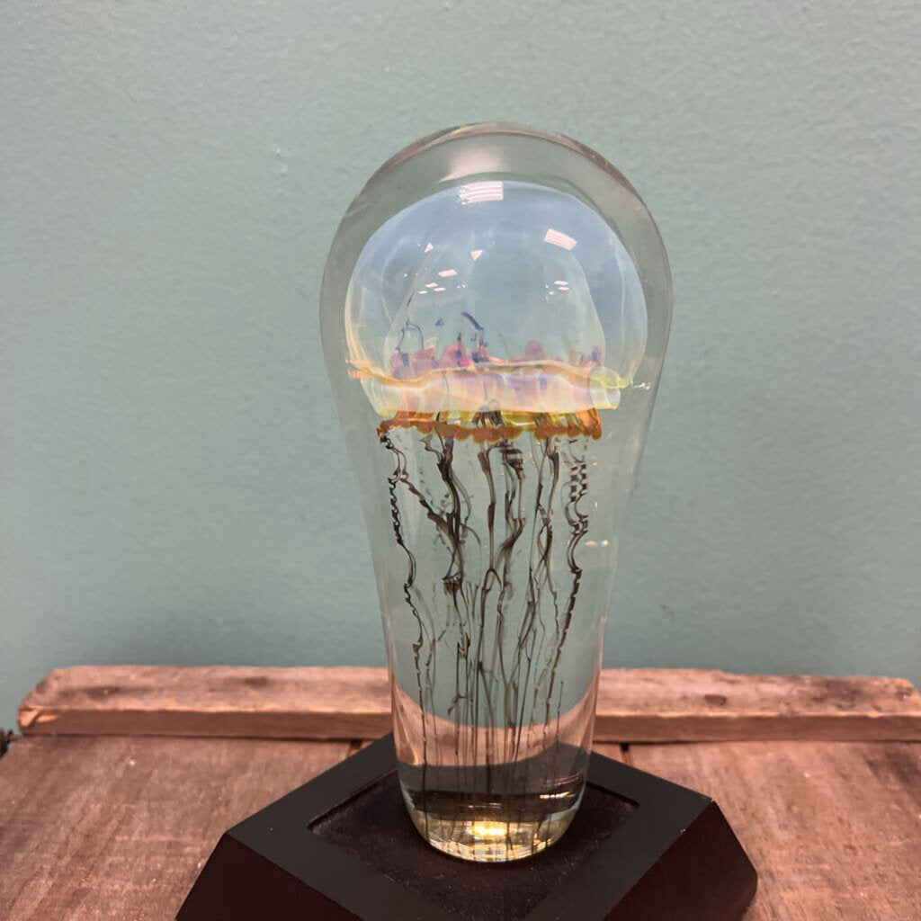 Richard Satava Signed Glass Jellyfish Paperweight Sculpture w/ base