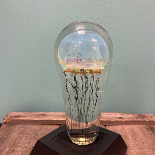Richard Satava Signed Glass Jellyfish Paperweight Sculpture w/ base