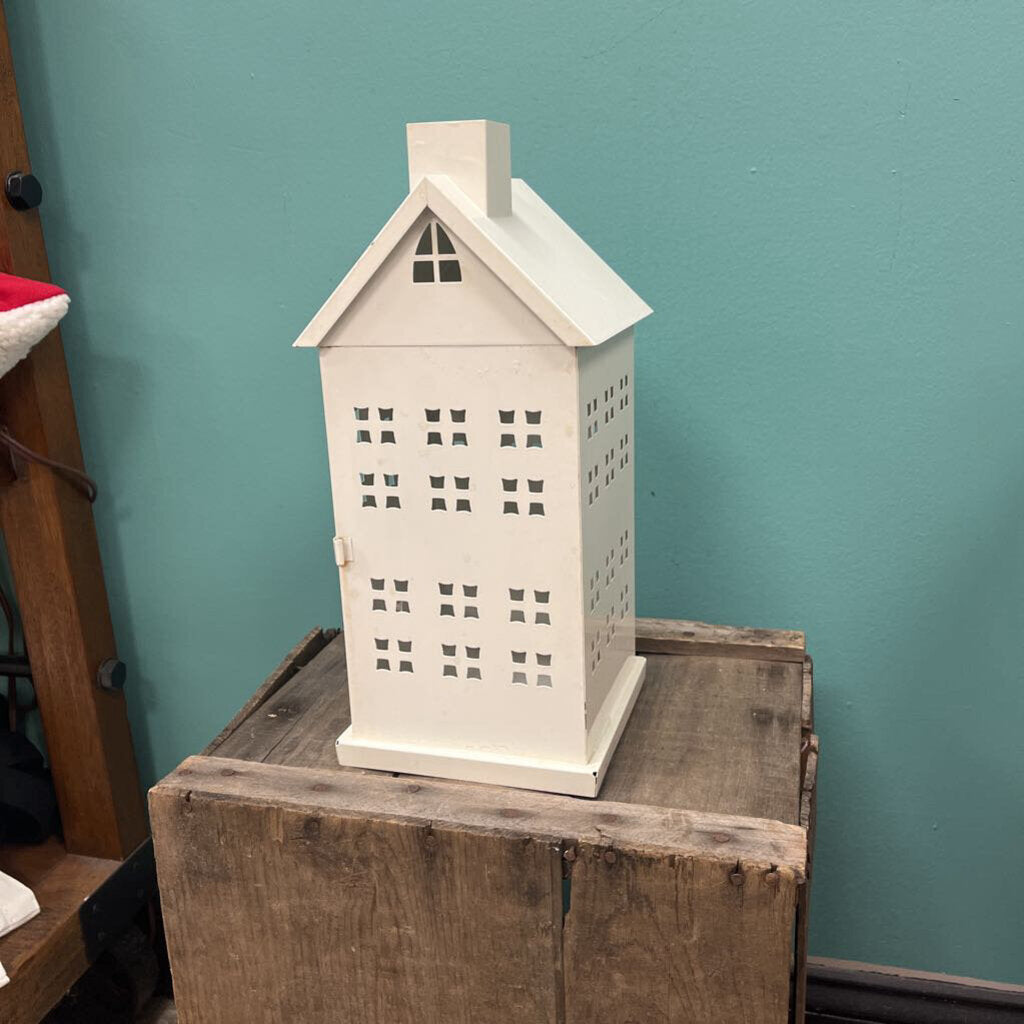 White Metal House Shaped Candle Lantern