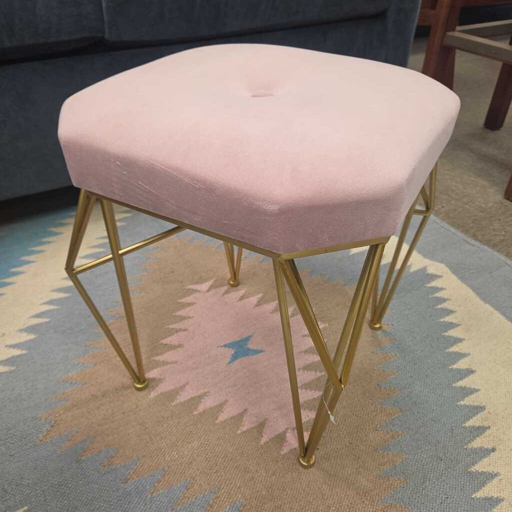 17" Pink Velvet Stool with Gold Geometric Legs