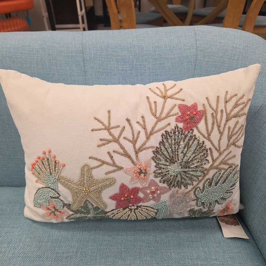 Kirkland's Beaded Coral & Seashell Accent Pillow NEW (2 Available)