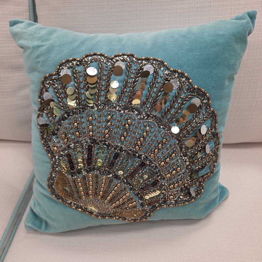 Pier 1 Imports Aqua Velvet Beaded/Sequined Seashell Accent Pillow